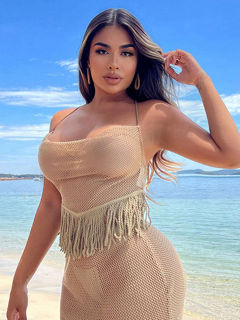 Camisola transparente de verano para vacaciones en la playa con flecos en los pies