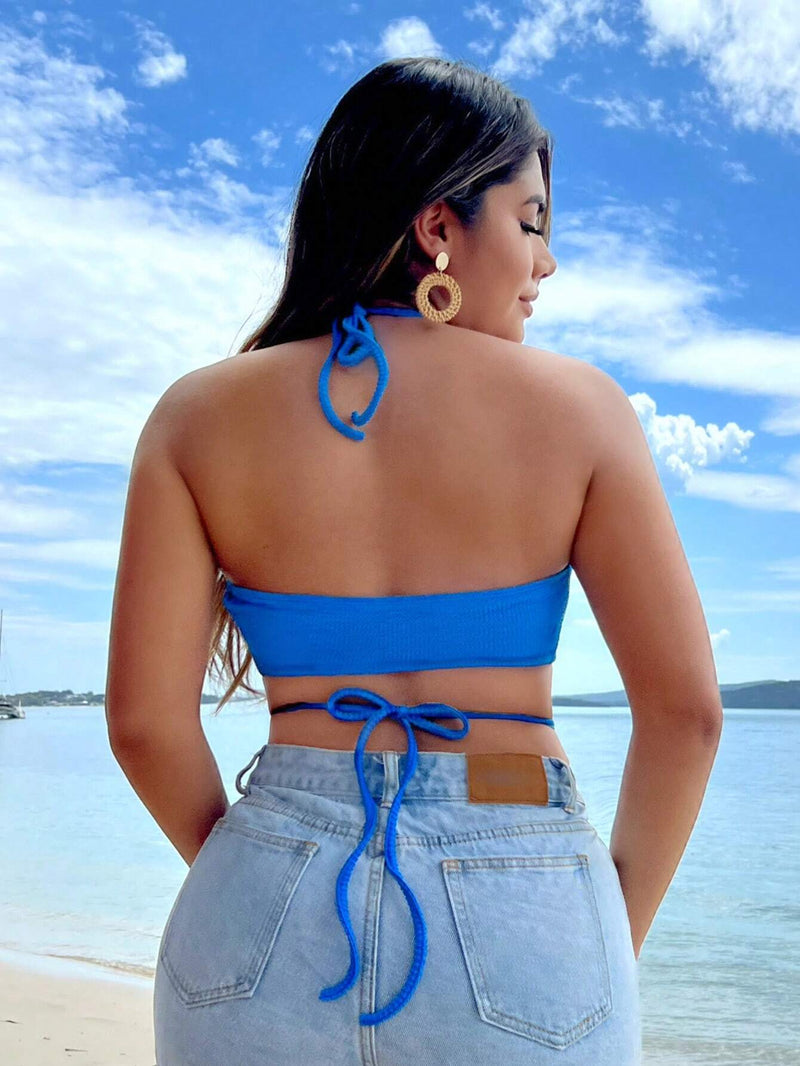 Top Corto Azul Para Playa En Vacaciones De Verano, Con Nudo Y Cuerda