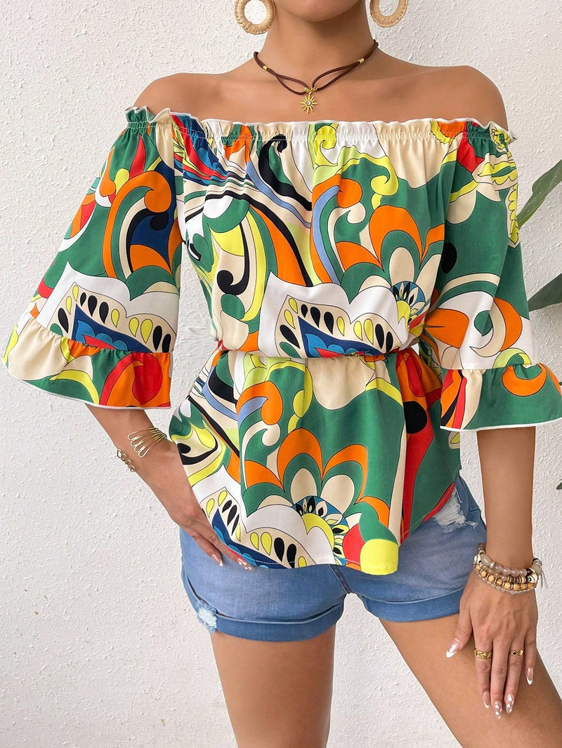 LUNE Blusa Corta De Manga Corta Y Hombros Descubiertos Con Estampado