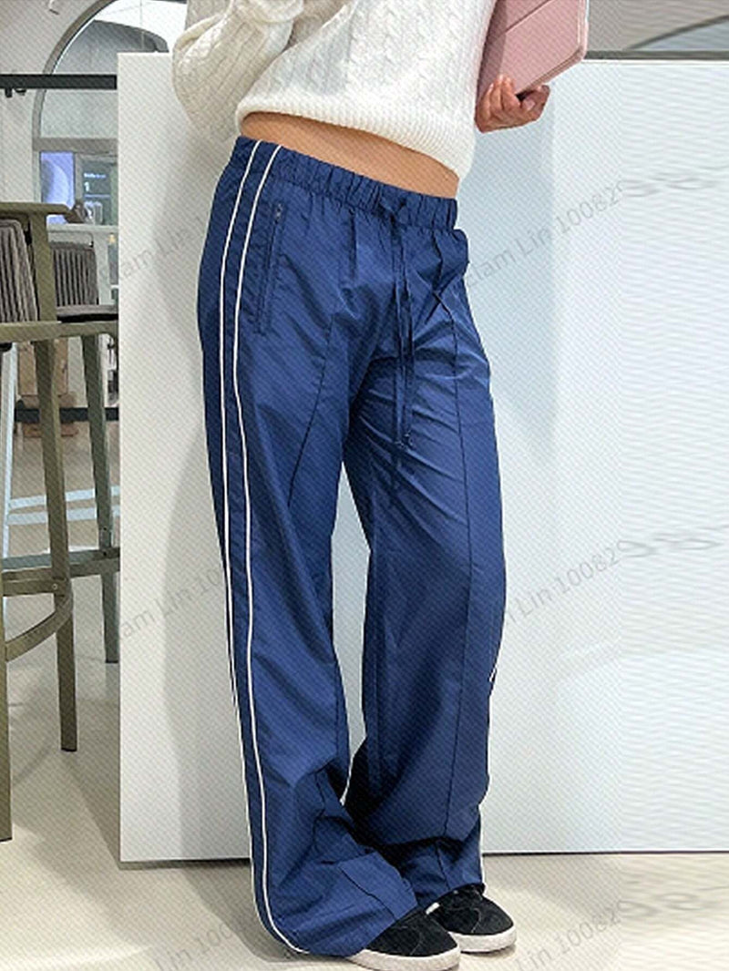 EZwear Pantalones De Cintura Elastica Con Costuras De Tuberia Con Contraste En La Parte Delantera