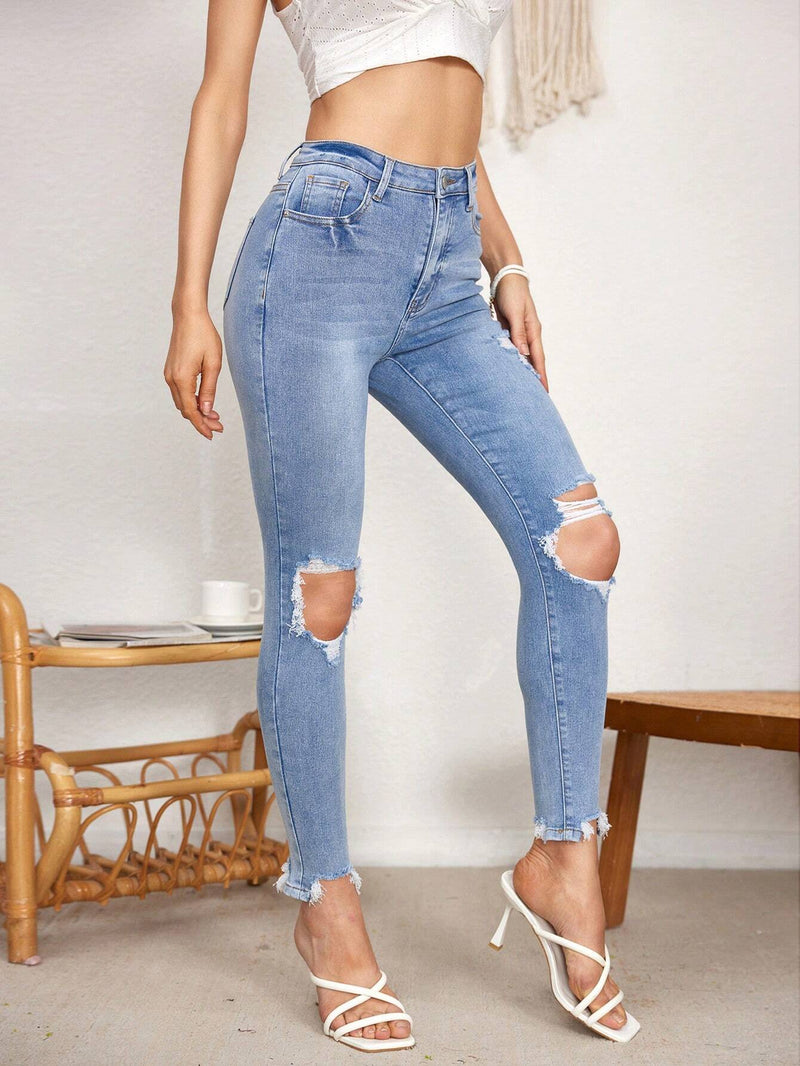 VCAY Jeans Pitillo De Mujer Con Detalles Desgastados Y Bajo Deshilachado