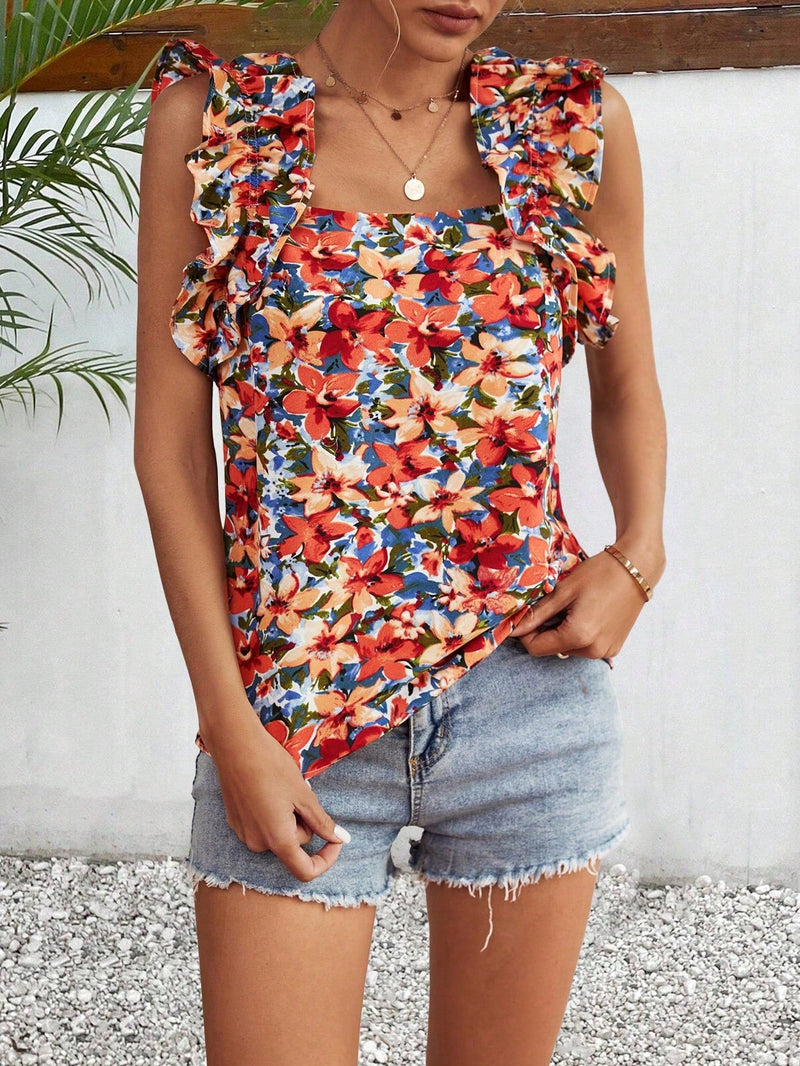 Frenchy Blusa Con Cuello Cuadrado De Impresion Floral Para Mujeres