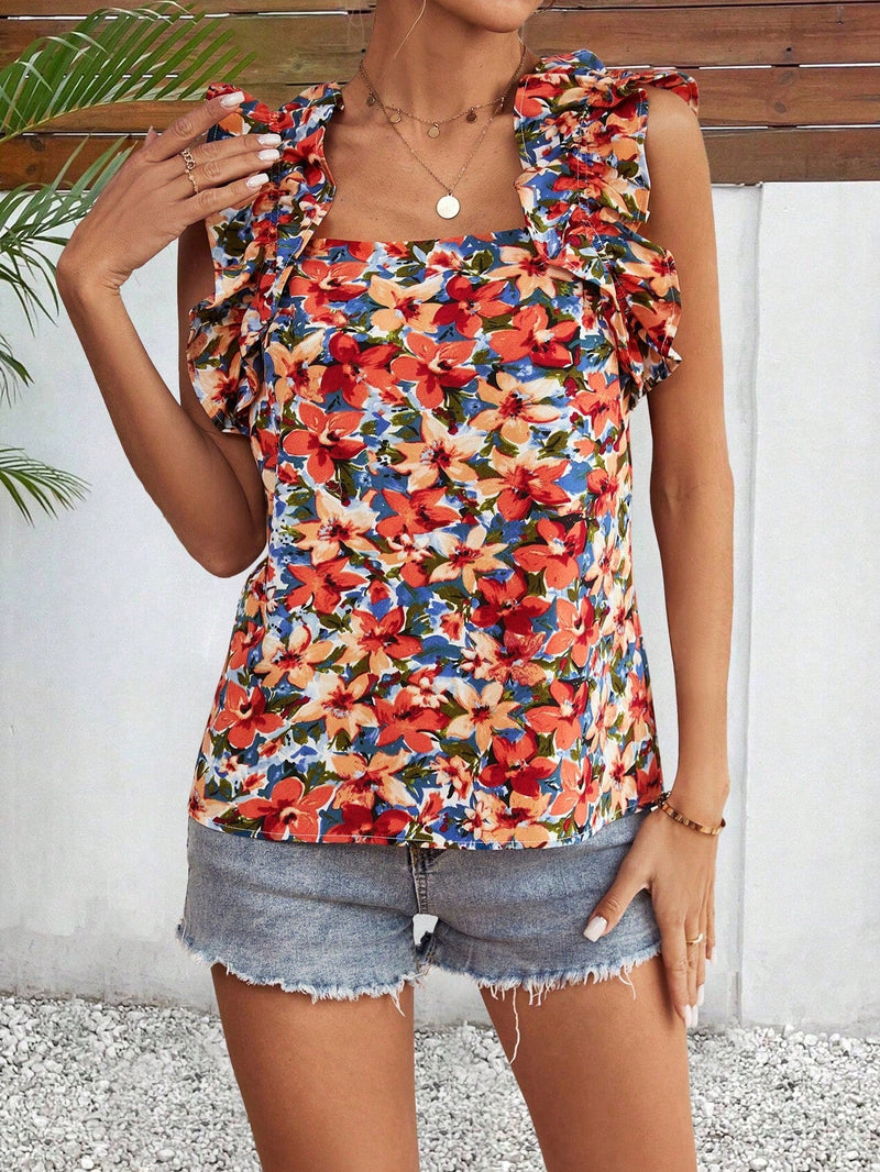 Frenchy Blusa Con Cuello Cuadrado De Impresion Floral Para Mujeres