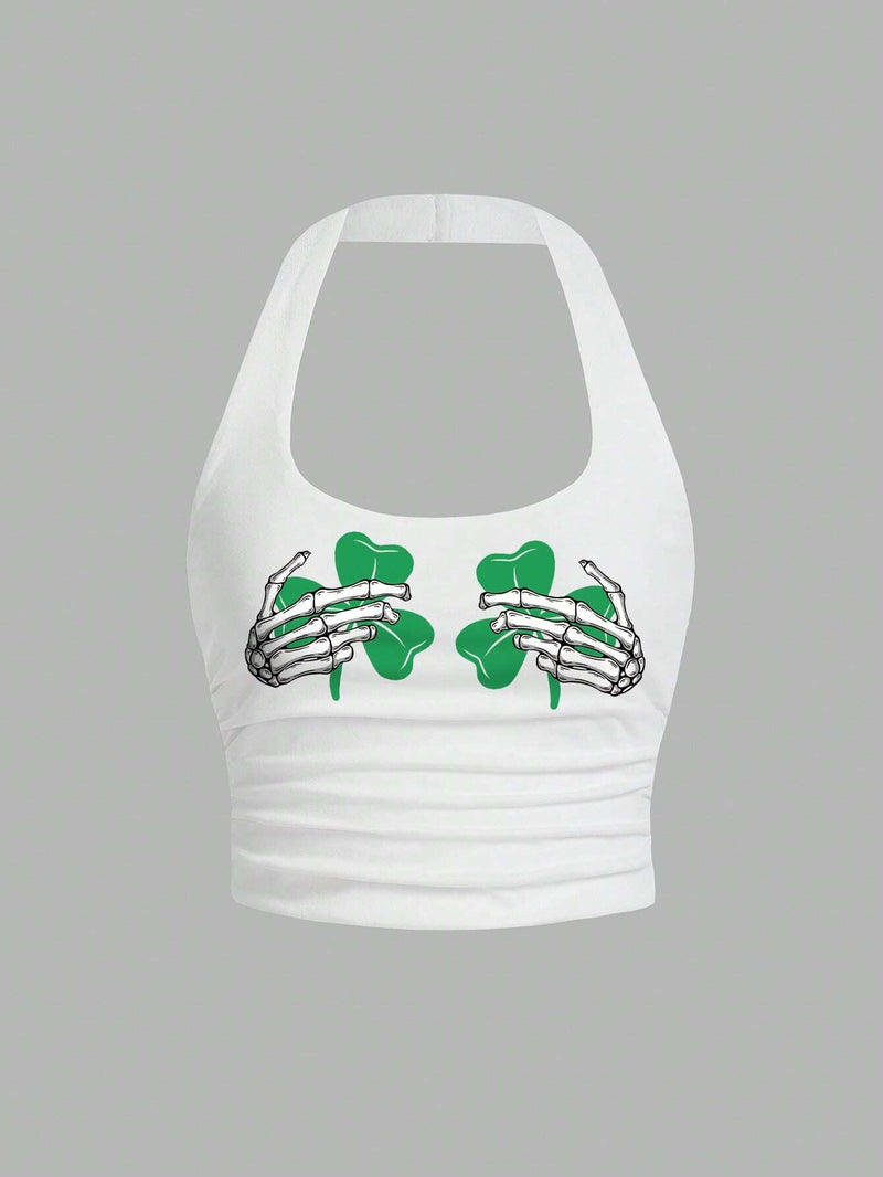 Top De Cuello Halter Ajustado Y Sey Con Impresion De Trebol, Calavera Y Mano Para Mujeres, Adecuado Para El Dia De San Patricio