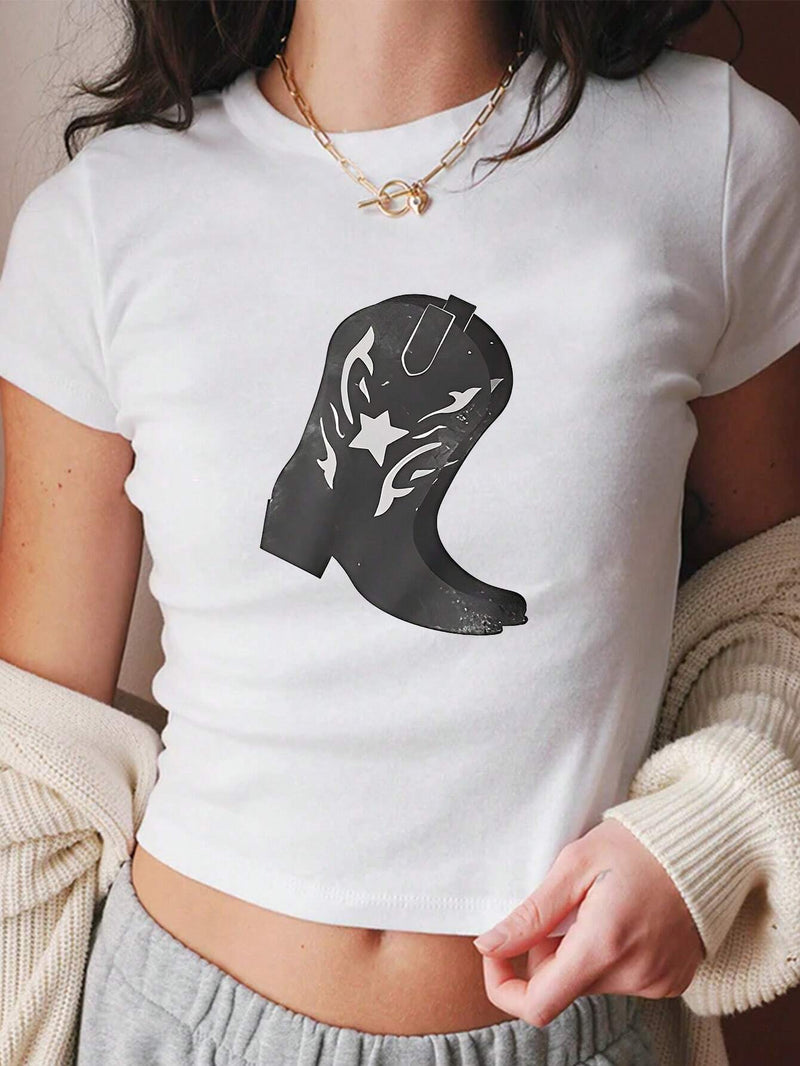 Camiseta Con Mangas Cortas Para Mujer Con Estampado De Botas Y2k