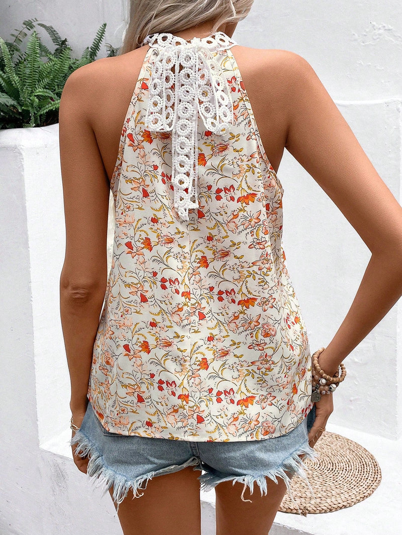 Frenchy Blusa Sin Mangas Con Impresion Completa Y Encaje En La Mezcla