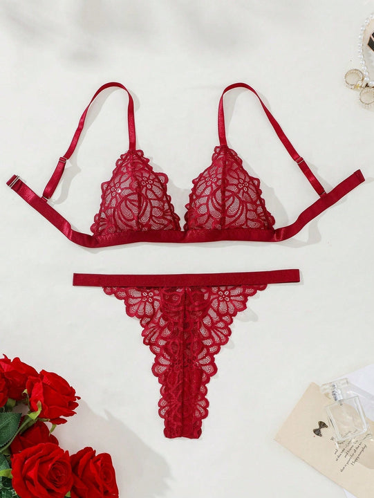 Set De Sujetador Y Braguitas Inalambricos Con Encaje De Color Solido