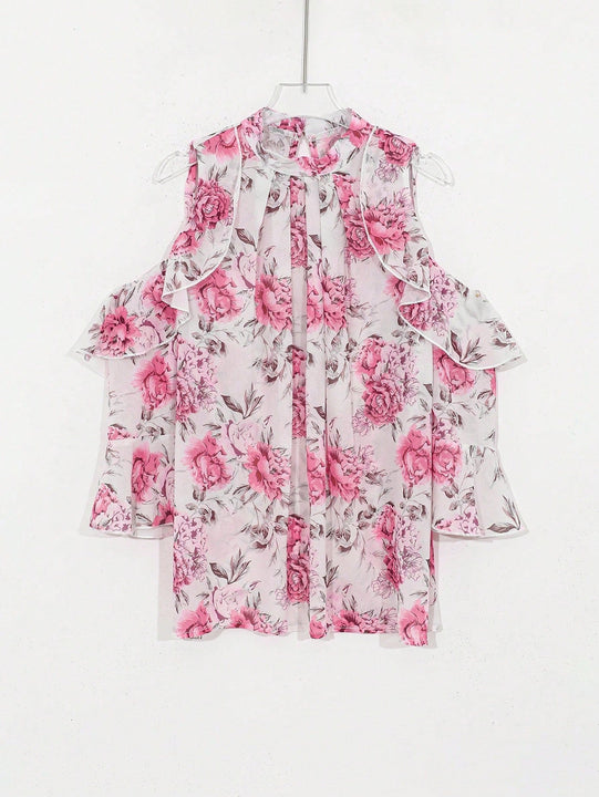 DAZY Blusa casual holgada plisada con cuello abierto y hombros descubiertos con diseno de flores