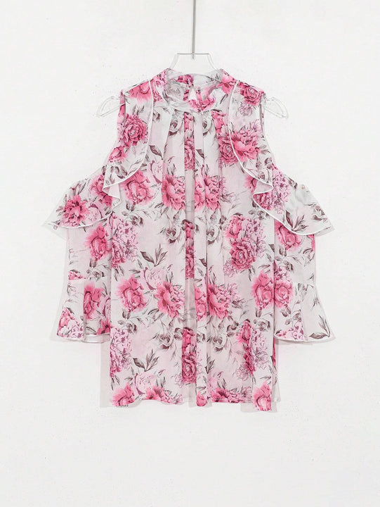 DAZY Blusa casual holgada plisada con cuello abierto y hombros descubiertos con diseno de flores