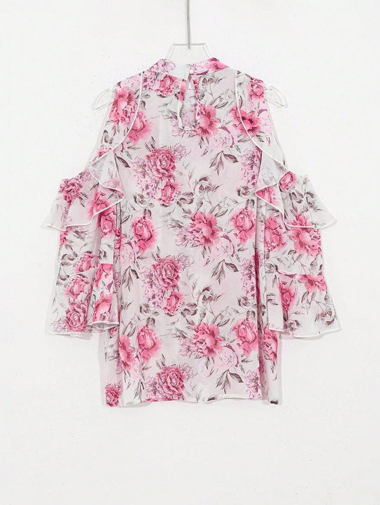 DAZY Blusa casual holgada plisada con cuello abierto y hombros descubiertos con diseno de flores