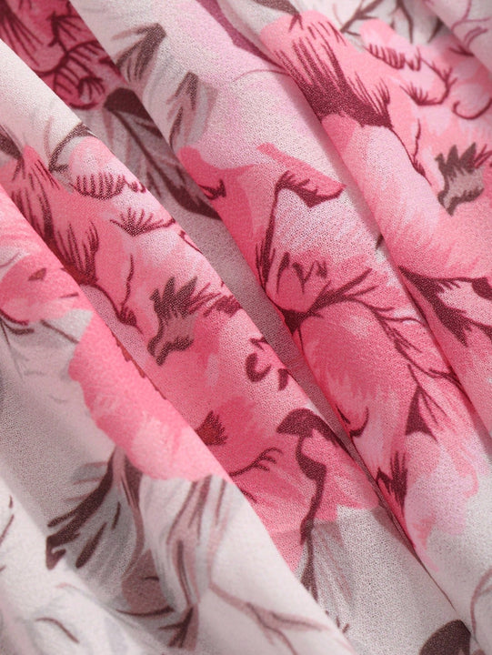 DAZY Blusa casual holgada plisada con cuello abierto y hombros descubiertos con diseno de flores