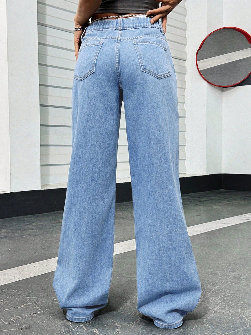 PETITE Jeans De Pierna Recta Decorados Con Cadena De Baja Altura Y Sexy Para Mujeres, Azul