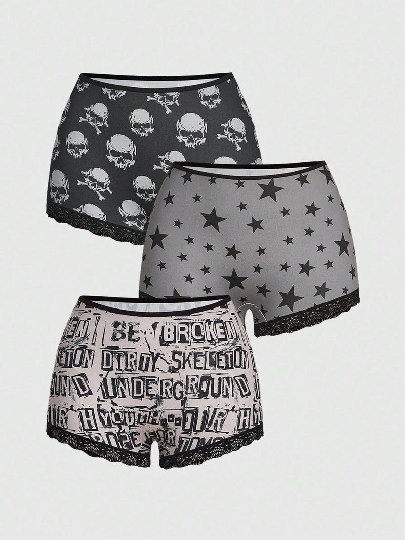 ROMWE Grunge Punk 3 Piezas De Conjuntos De Ropa Interior Para Mujeres En Panty Estilo Boyshorts Con Diseno De Estrellas Punks Negras, Calaveras Y Con Fuente Gotica