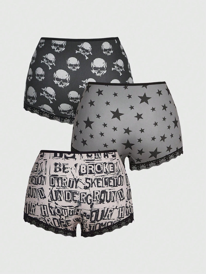 ROMWE Grunge Punk 3 Piezas De Conjuntos De Ropa Interior Para Mujeres En Panty Estilo Boyshorts Con Diseno De Estrellas Punks Negras, Calaveras Y Con Fuente Gotica