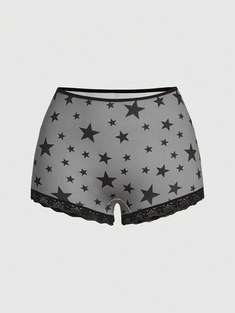 ROMWE Grunge Punk 3 Piezas De Conjuntos De Ropa Interior Para Mujeres En Panty Estilo Boyshorts Con Diseno De Estrellas Punks Negras, Calaveras Y Con Fuente Gotica