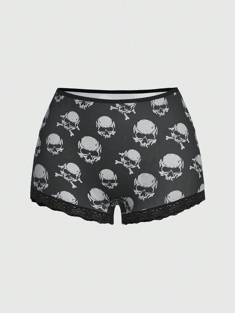 ROMWE Grunge Punk 3 Piezas De Conjuntos De Ropa Interior Para Mujeres En Panty Estilo Boyshorts Con Diseno De Estrellas Punks Negras, Calaveras Y Con Fuente Gotica