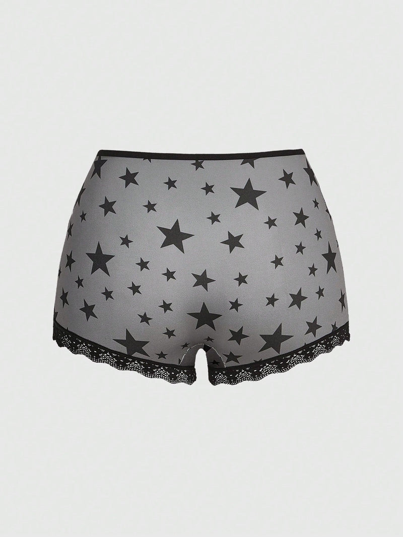 ROMWE Grunge Punk 3 Piezas De Conjuntos De Ropa Interior Para Mujeres En Panty Estilo Boyshorts Con Diseno De Estrellas Punks Negras, Calaveras Y Con Fuente Gotica