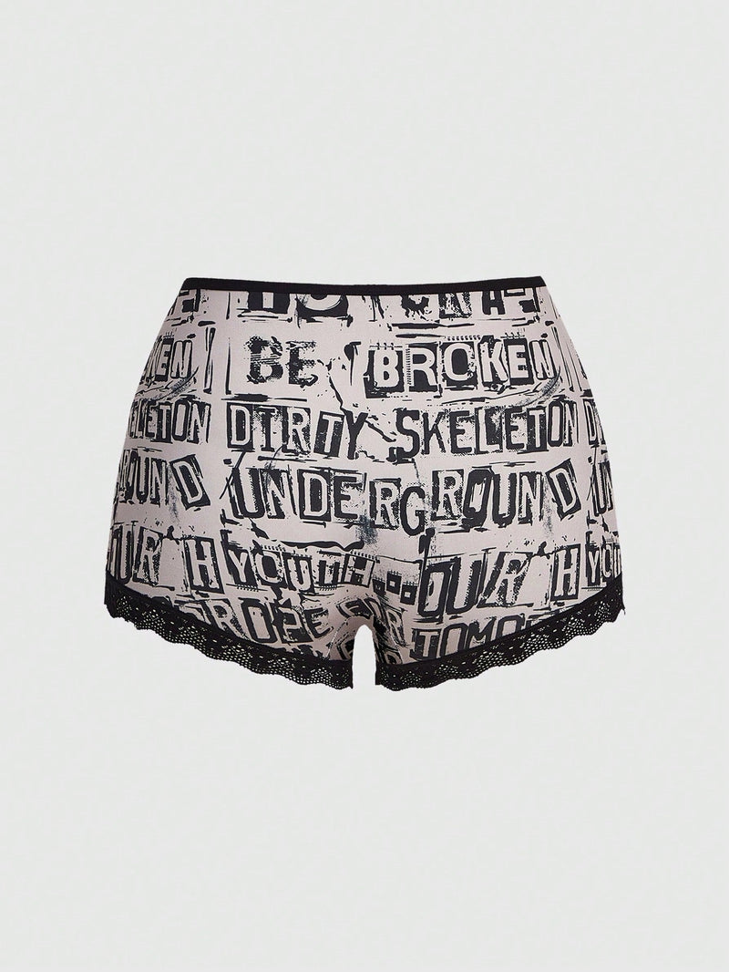 ROMWE Grunge Punk 3 Piezas De Conjuntos De Ropa Interior Para Mujeres En Panty Estilo Boyshorts Con Diseno De Estrellas Punks Negras, Calaveras Y Con Fuente Gotica