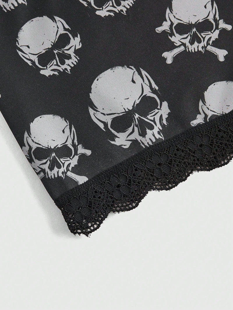 ROMWE Grunge Punk 3 Piezas De Conjuntos De Ropa Interior Para Mujeres En Panty Estilo Boyshorts Con Diseno De Estrellas Punks Negras, Calaveras Y Con Fuente Gotica