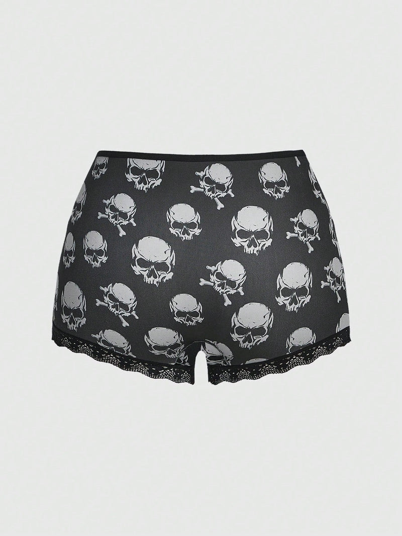 ROMWE Grunge Punk 3 Piezas De Conjuntos De Ropa Interior Para Mujeres En Panty Estilo Boyshorts Con Diseno De Estrellas Punks Negras, Calaveras Y Con Fuente Gotica