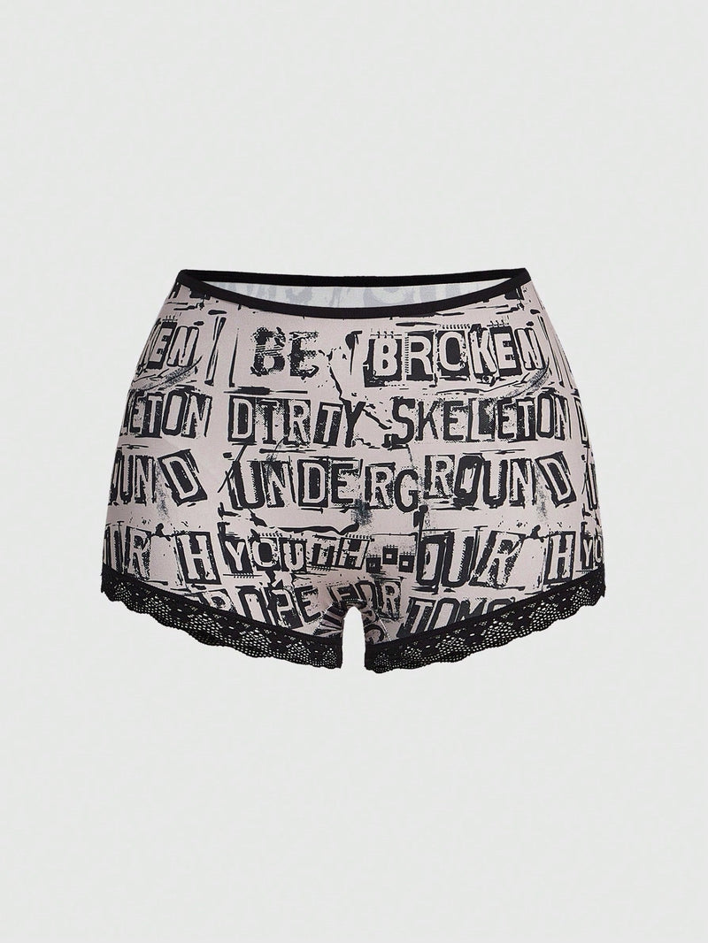 ROMWE Grunge Punk 3 Piezas De Conjuntos De Ropa Interior Para Mujeres En Panty Estilo Boyshorts Con Diseno De Estrellas Punks Negras, Calaveras Y Con Fuente Gotica