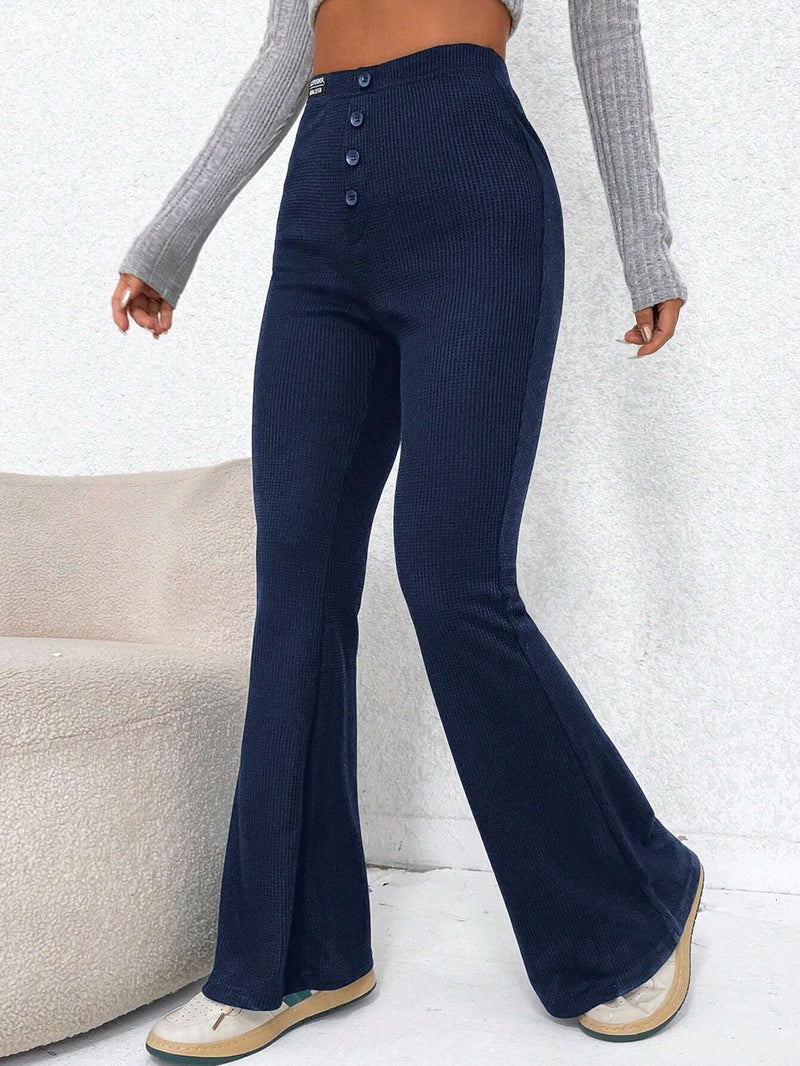 EZwear Pantalones Acampanados Decorados Con Botones Tejidos Para Mujeres