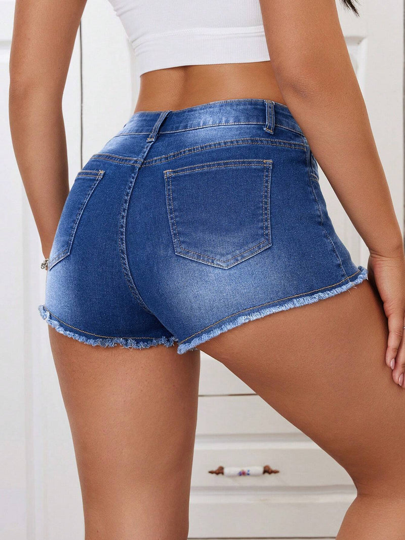 ICON Shorts De Mezclilla Ajustados Para Mujer Con Dobladillo Deshilachado