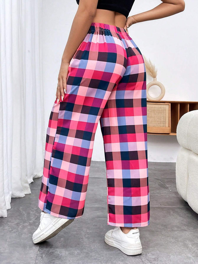 EZwear Pantalones Anchos A Cuadros Con Decoracion De Lazo