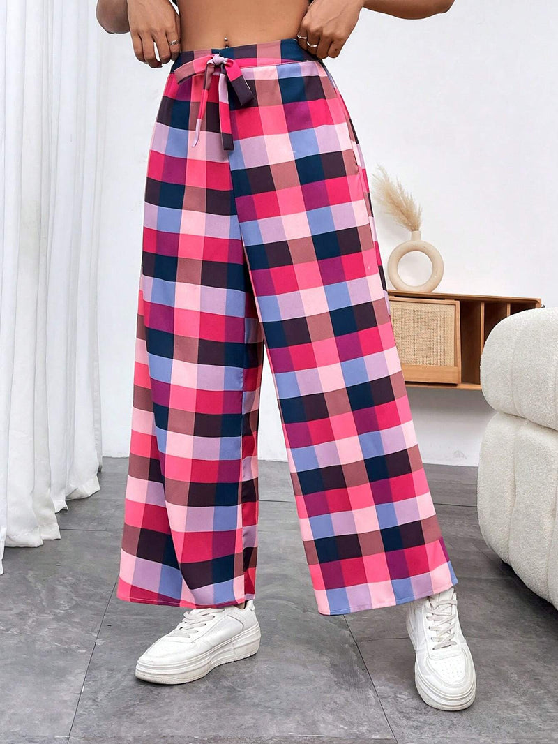 EZwear Pantalones Anchos A Cuadros Con Decoracion De Lazo