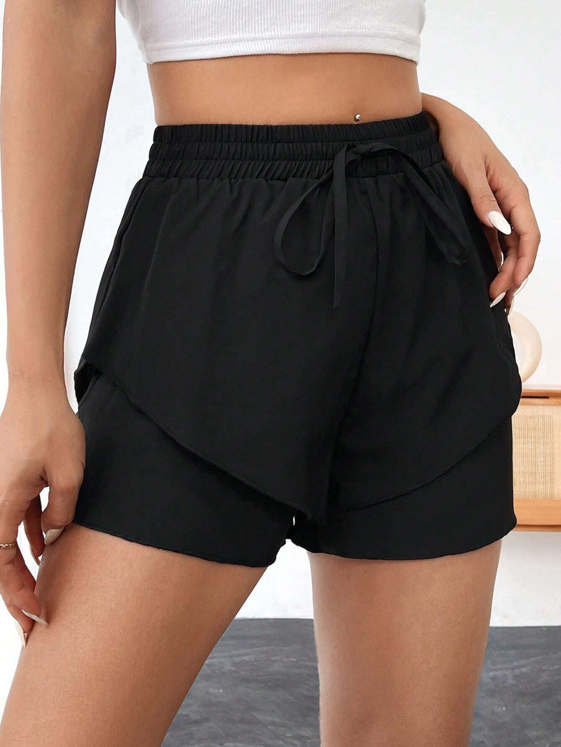 NEW Shorts De Doble Capa De Color Solido Con Cintura Elastica Para Mujeres