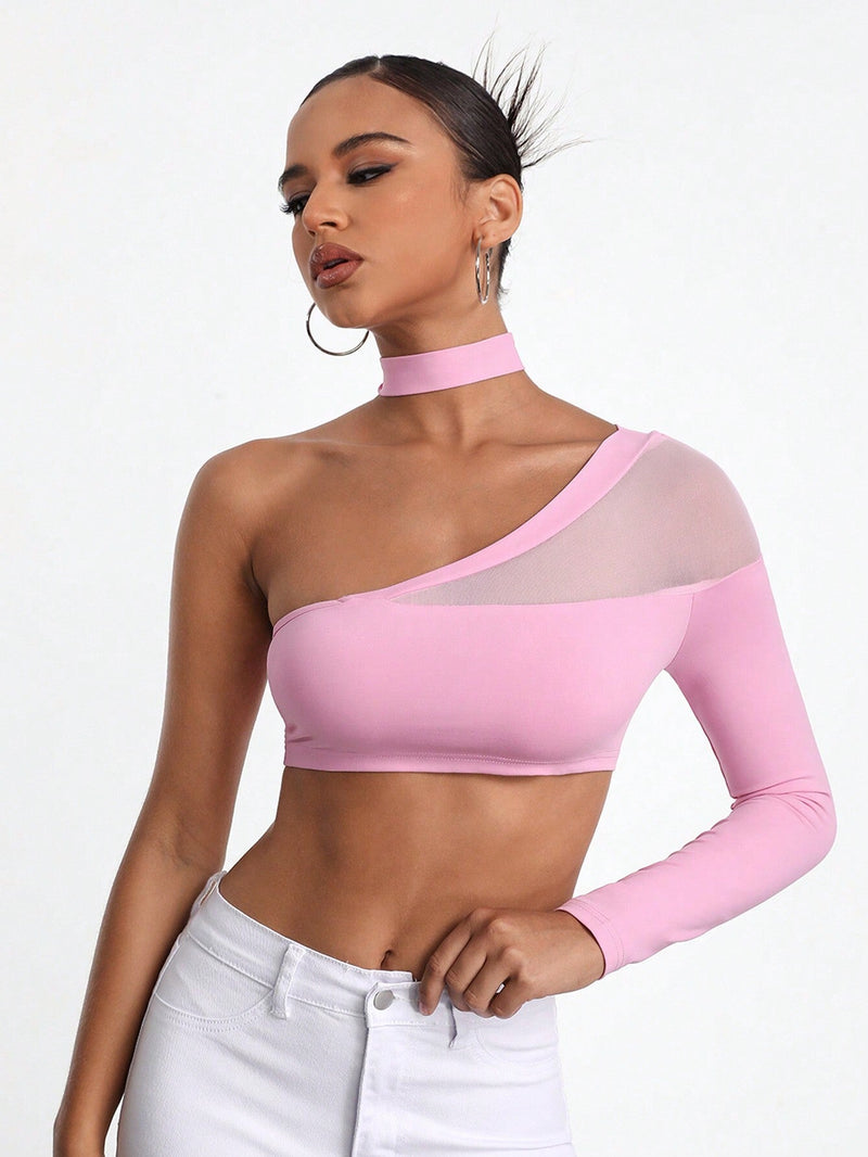 Mackenzie Brynn Top Cortado Con Cuello Halter Y Detalles De Malla