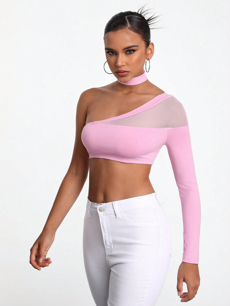 Mackenzie Brynn Top Cortado Con Cuello Halter Y Detalles De Malla