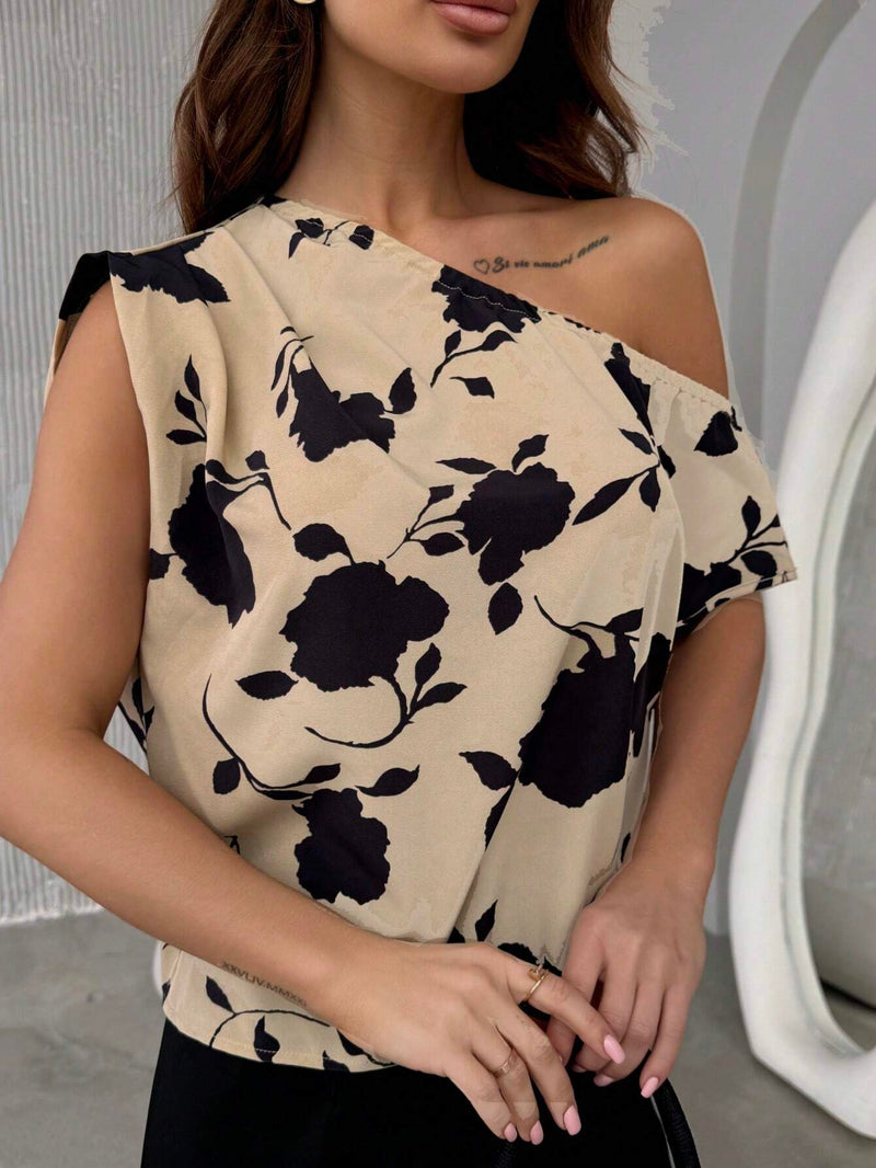 Prive Elegante Blusa Con Estampado Floral Y Cuello Inclinado