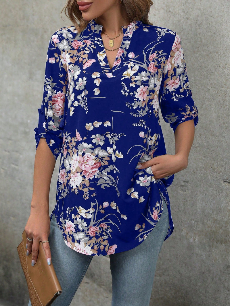 Clasi Camisa Con Cuello Sin Muescas Y Mangas Enrollables Con Diseno Floral