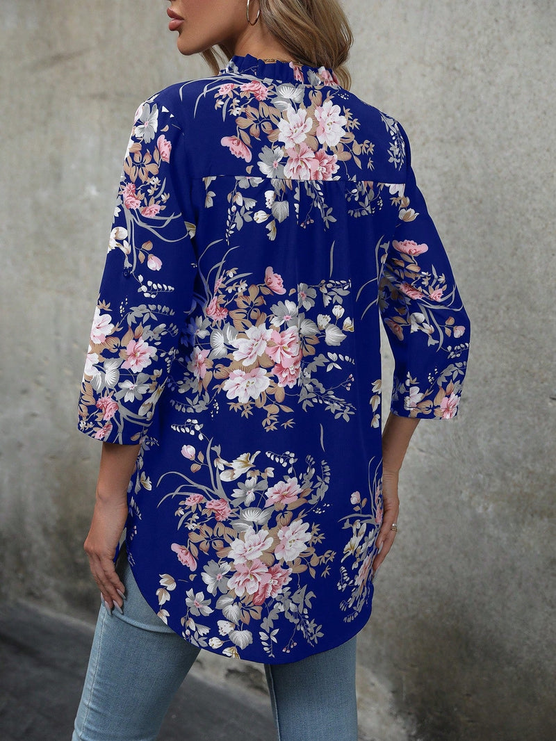 Clasi Camisa Con Cuello Sin Muescas Y Mangas Enrollables Con Diseno Floral