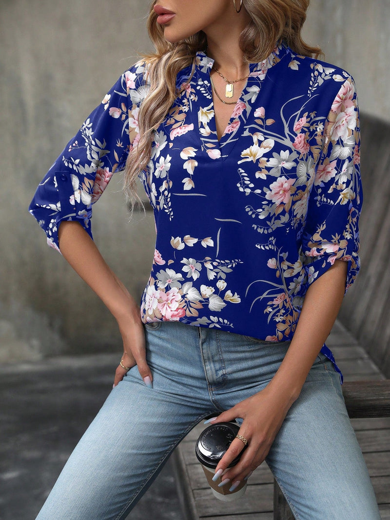 Clasi Camisa Con Cuello Sin Muescas Y Mangas Enrollables Con Diseno Floral