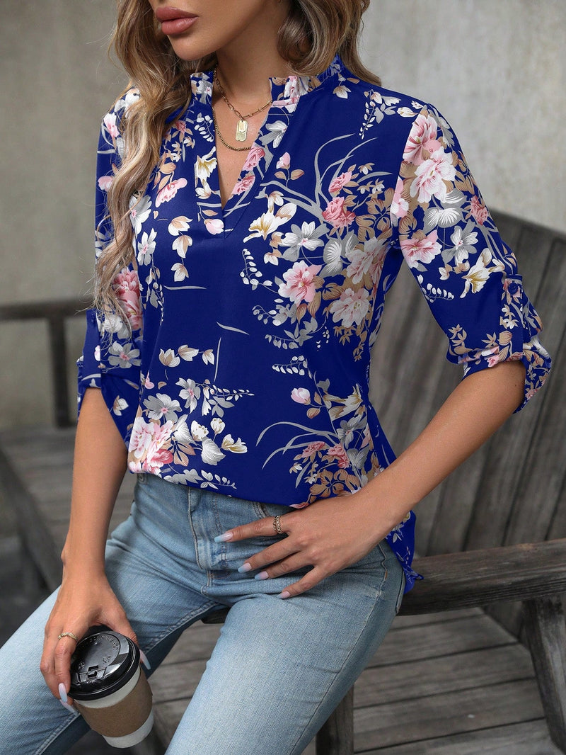 Clasi Camisa Con Cuello Sin Muescas Y Mangas Enrollables Con Diseno Floral