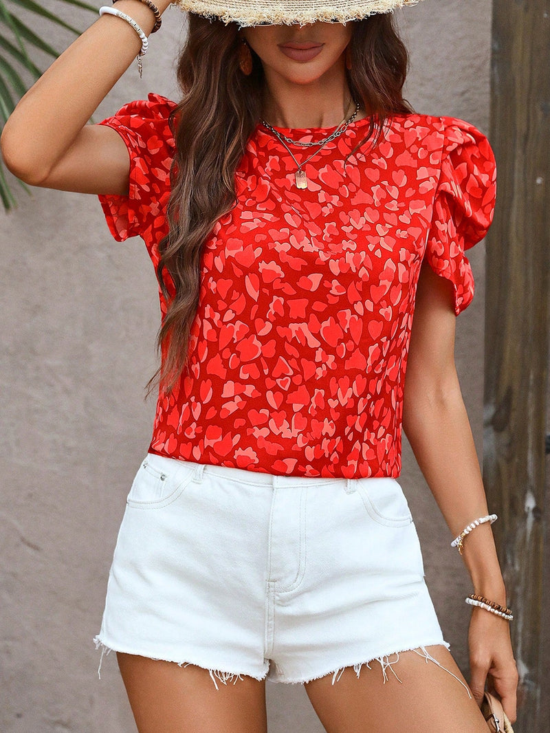 LUNE Camisa De Manga Globo Con Cuello Redonto Y Estampado De Corazon Para Mujer