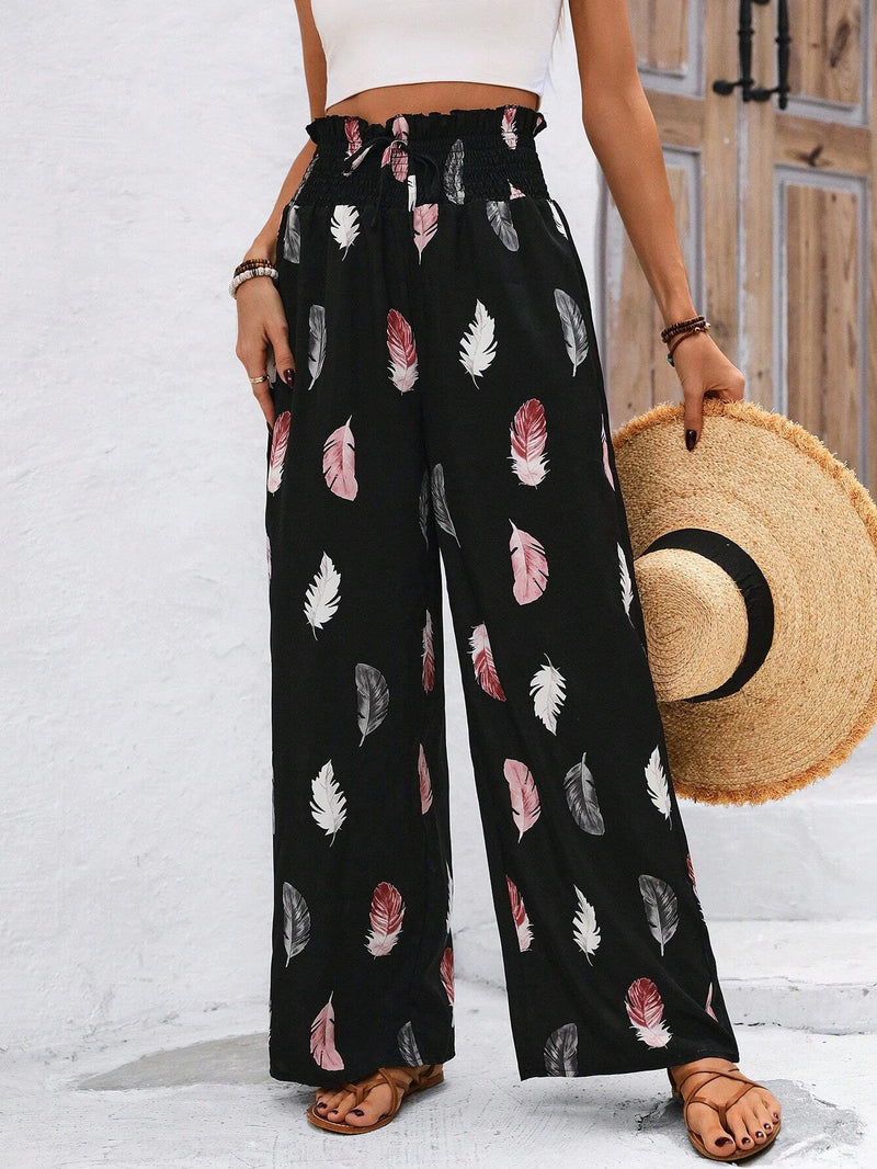 Frenchy Pantalones De Pierna Ancha De Cintura Alta Con Estampado De Plumas Para Mujer