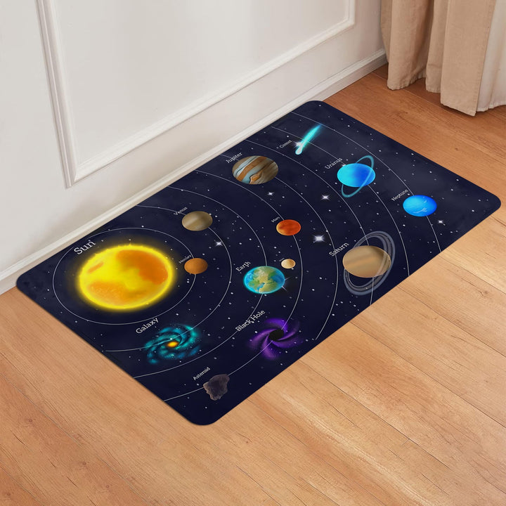 [1 alfombra con diseño de galaxia y sistema solar] 1 alfombra de franela con diseño de galaxia y sistema solar, esponja de 1 cm de grosor, poliéster lavable a máquina, alfombra educativa con temática del espacio exterior para sala de juegos, sala de esta