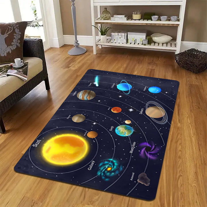 [1 alfombra con diseño de galaxia y sistema solar] 1 alfombra de franela con diseño de galaxia y sistema solar, esponja de 1 cm de grosor, poliéster lavable a máquina, alfombra educativa con temática del espacio exterior para sala de juegos, sala de esta