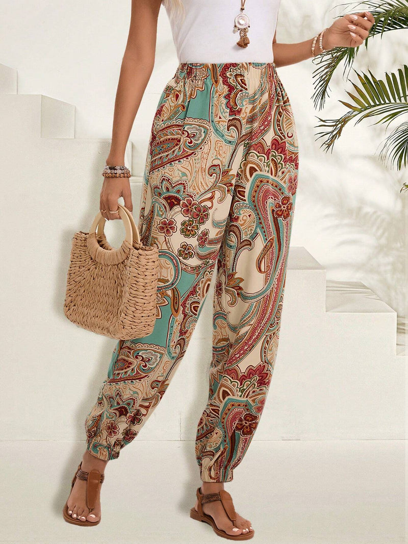 EMERY ROSE Pantalones De Mujer Con Punos Impresos De Paisley, Ideal Para El Verano