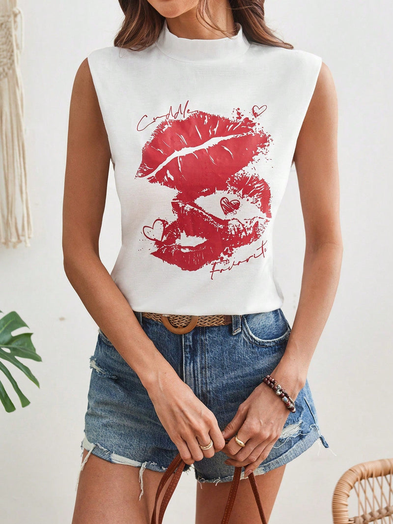 LUNE Camiseta Sin Mangas Estampada Con Labios Con Cremallera Y Hombrera