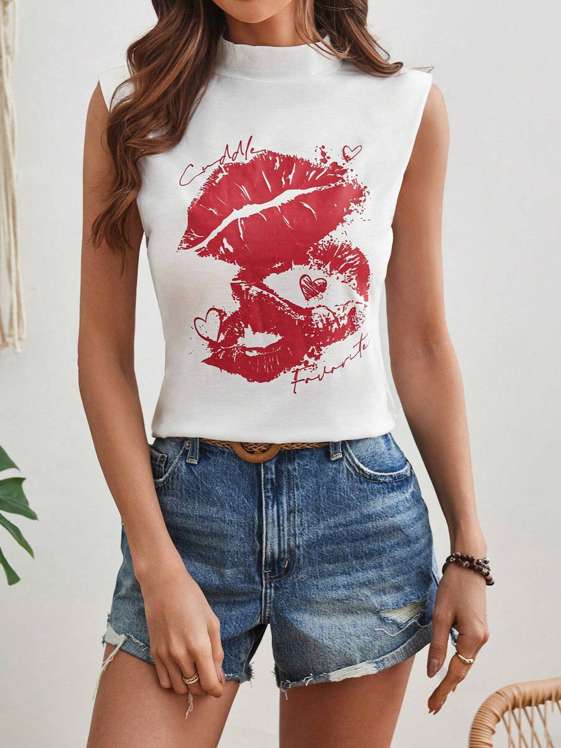 LUNE Camiseta Sin Mangas Estampada Con Labios Con Cremallera Y Hombrera