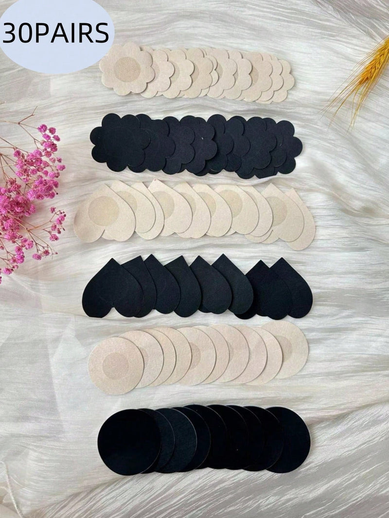 30 Pares De Cubre Pezones De Silicona Desechables Para El Verano De Mujeres Con Tela No Tejida Transpirable Y Puntos Elevados, Incluyendo 5 Pares De Forma Redonda, Con Flor Y En Forma De Corazon En Color Negro Y Albaricoque