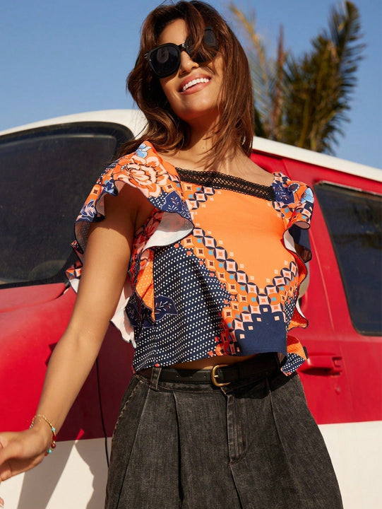 VCAY Camisa De Manga Acampanada Con Estampado Geometrico Suelta De Encaje Adornado Con Estampado Y Borde De Encaje