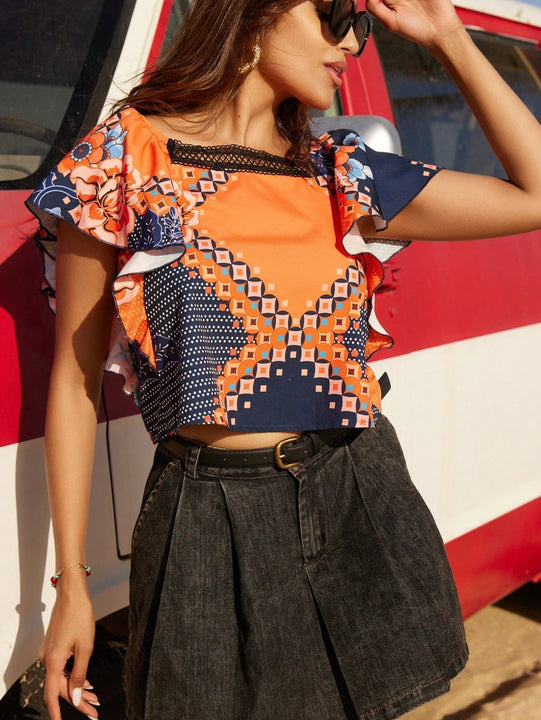 VCAY Camisa De Manga Acampanada Con Estampado Geometrico Suelta De Encaje Adornado Con Estampado Y Borde De Encaje