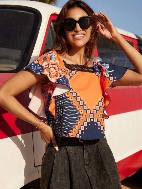 VCAY Camisa De Manga Acampanada Con Estampado Geometrico Suelta De Encaje Adornado Con Estampado Y Borde De Encaje