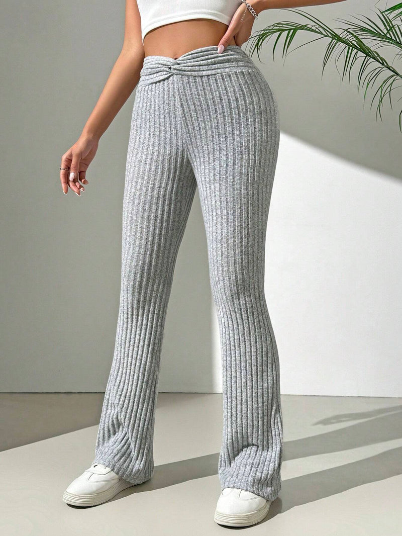 EZwear Pantalones Gris Tejidos Y Acanalados Para Mujer