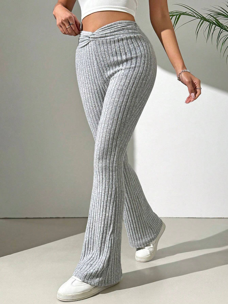 EZwear Pantalones Gris Tejidos Y Acanalados Para Mujer